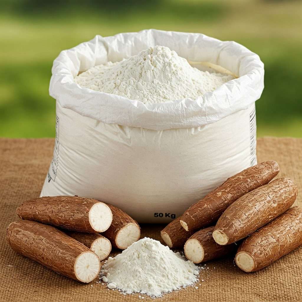 Sack of cassava flour with fresh cassava roots and a small pile of flour on hessian