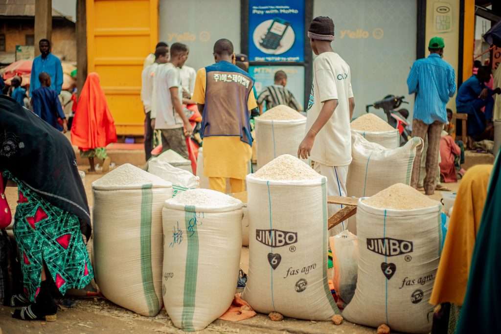 Market stall with sacks of rice