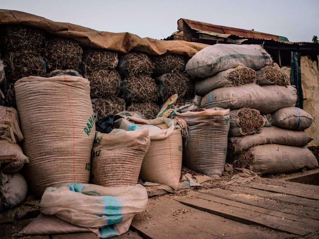 Bags of seeds and grain crops on display in an African market